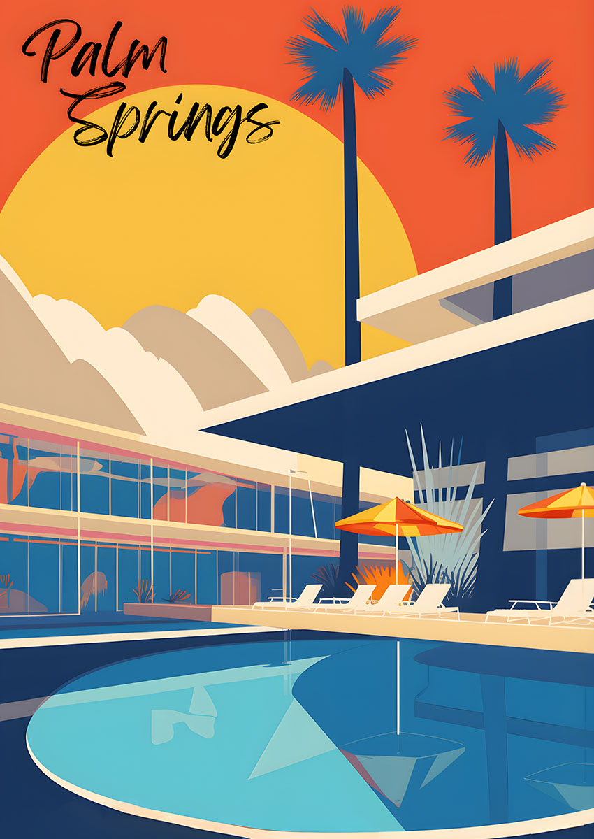 Vibrant Palm Springs style travel poster featuring modern architecture and a sunset scene.